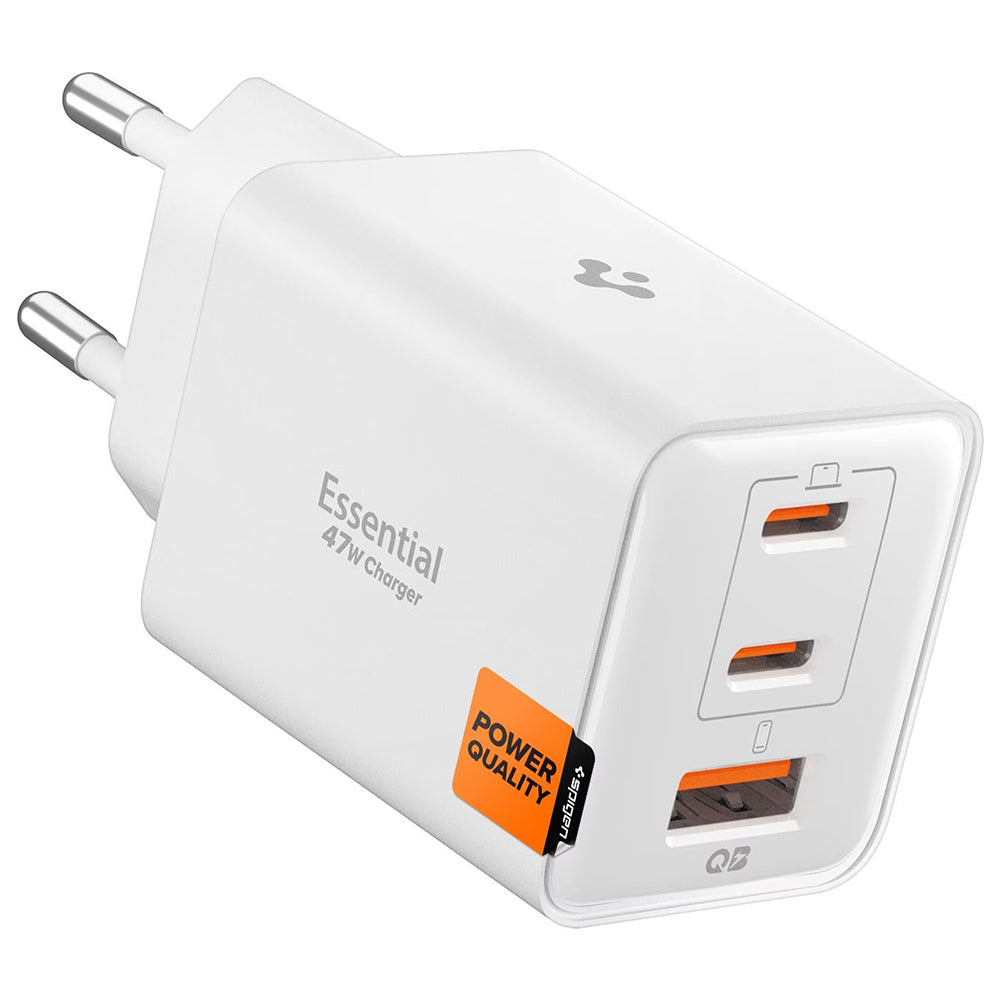 Spigen EE473EU Essential netværksoplader, 47W, 3A, 1 x USB-A - 2 x USB-C, Hvid ACH09464