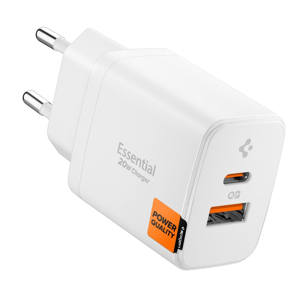 Spigen Essential Netværksoplader, 20W, 3A, 1 x USB-A - 1 x USB-C, Hvid ACH08704