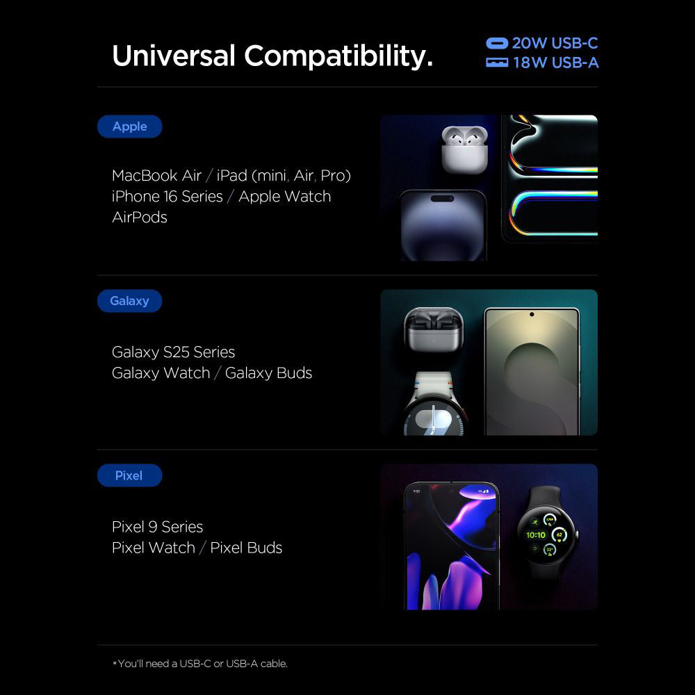 Spigen Essential Netværksoplader, 20W, 3A, 1 x USB-A - 1 x USB-C, Hvid ACH08704