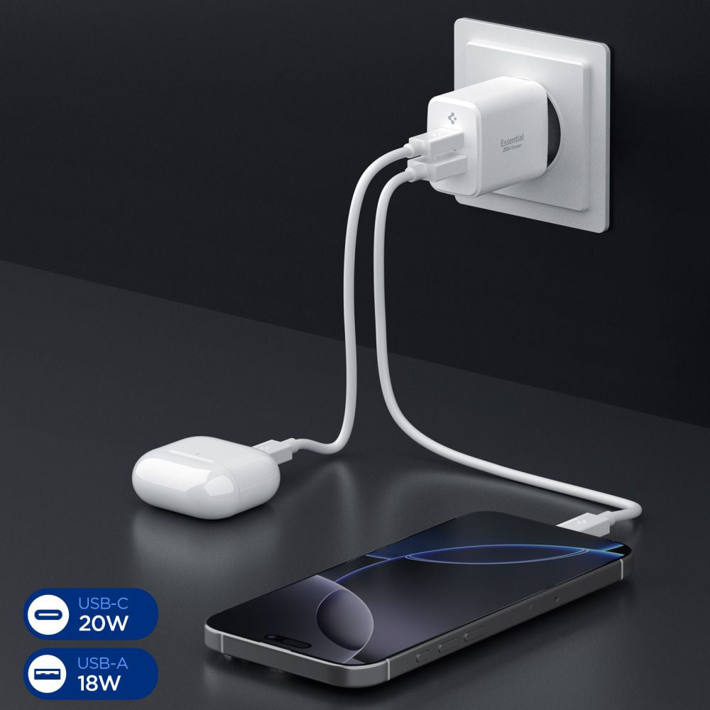 Spigen Essential Netværksoplader, 20W, 3A, 1 x USB-A - 1 x USB-C, Hvid ACH08704