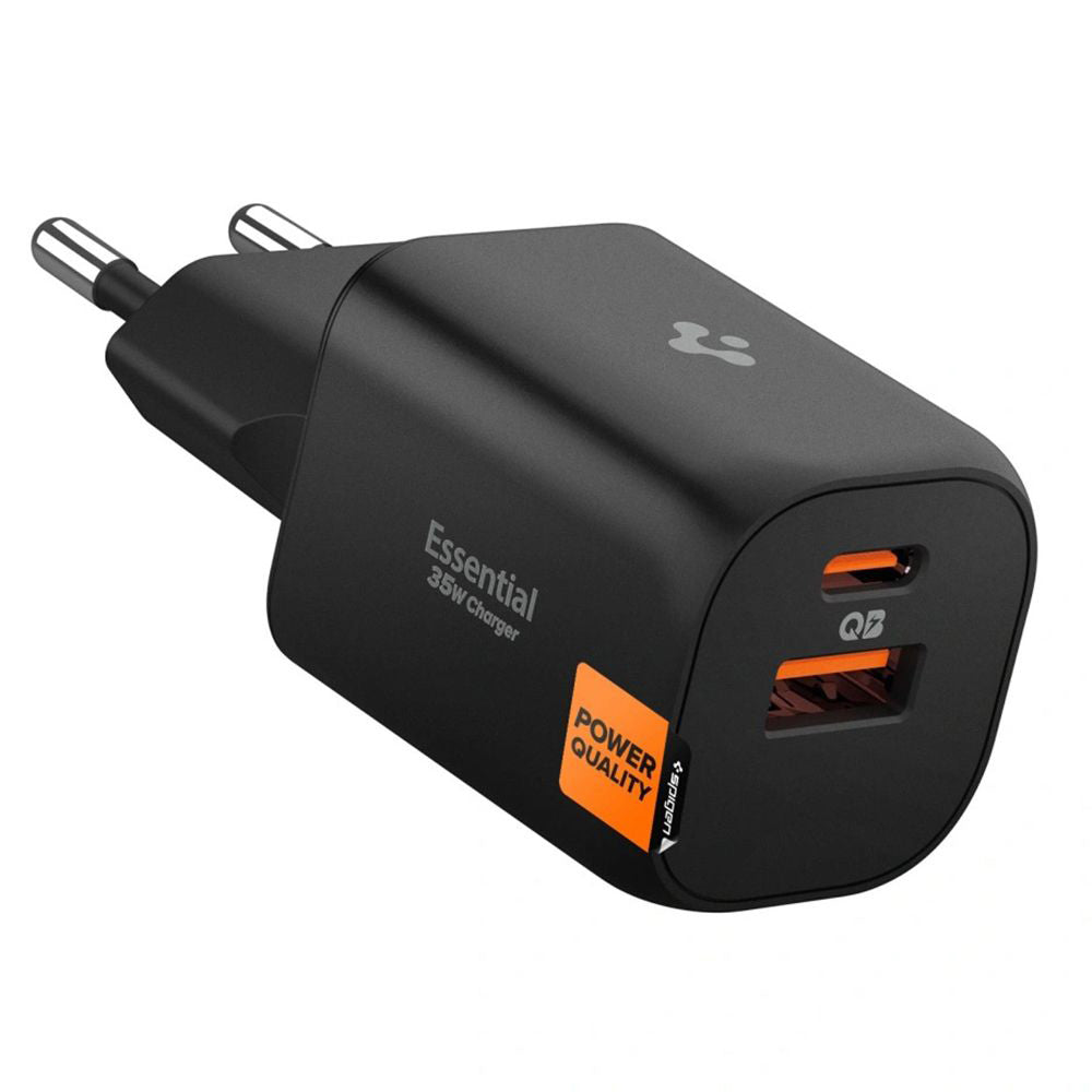 Spigen Essential netværksoplader, 35W, 3A, 1 x USB-A - 1 x USB-C, Sort