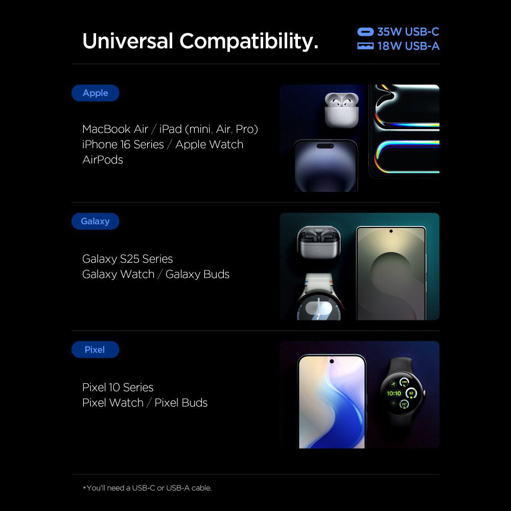 Spigen Essential netværksoplader, 35W, 3A, 1 x USB-A - 1 x USB-C, Sort