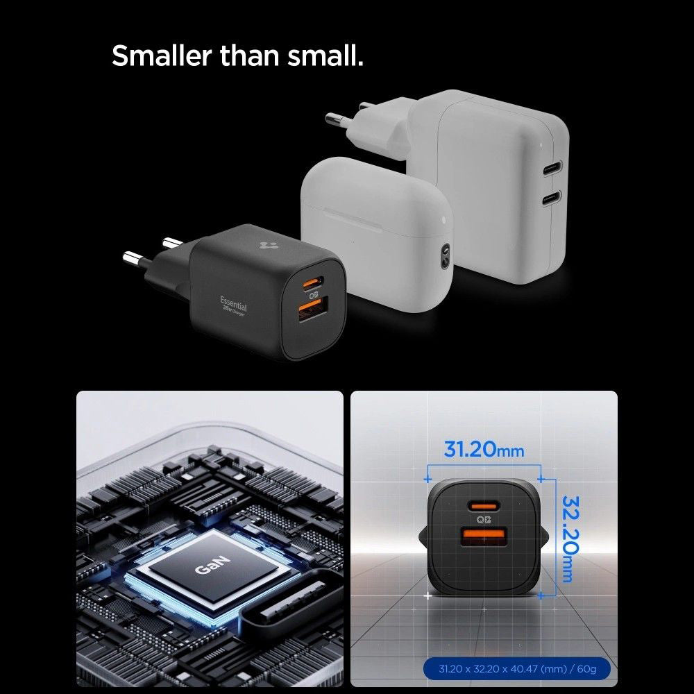 Spigen Essential netværksoplader, 35W, 3A, 1 x USB-A - 1 x USB-C, Sort