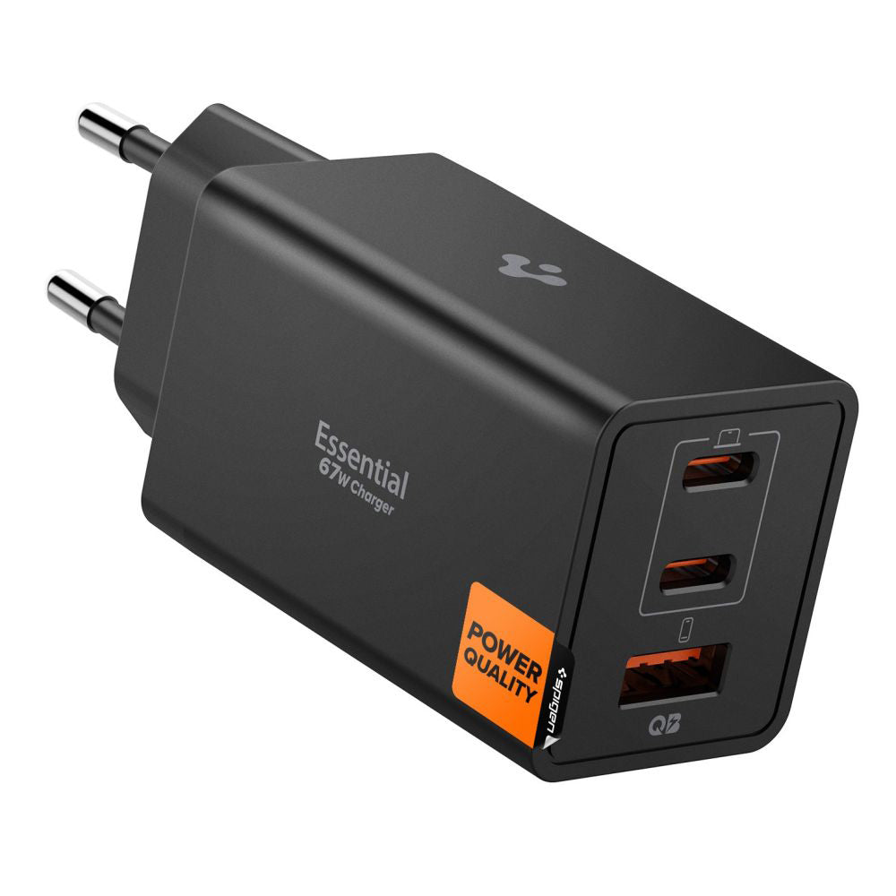 Spigen Essential netværksoplader, 67W, 3.25A, 1 x USB-A - 2 x USB-C, Sort