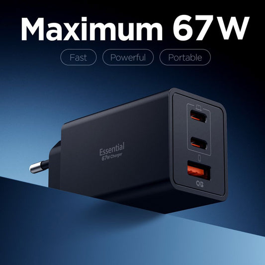 Spigen Essential netværksoplader, 67W, 3.25A, 1 x USB-A - 2 x USB-C, Sort