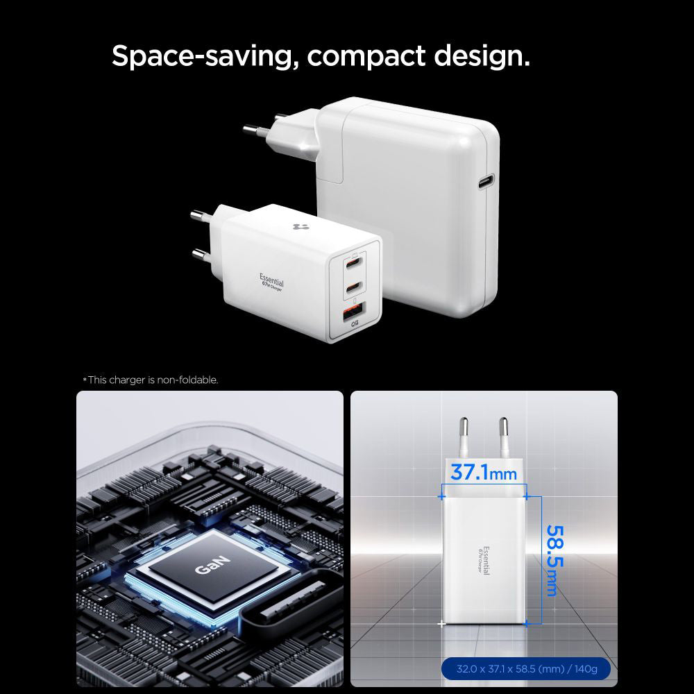 Spigen Essential netværksoplader, 67W, 3.25A, 1 x USB-A - 2 x USB-C, Hvid ACH08710