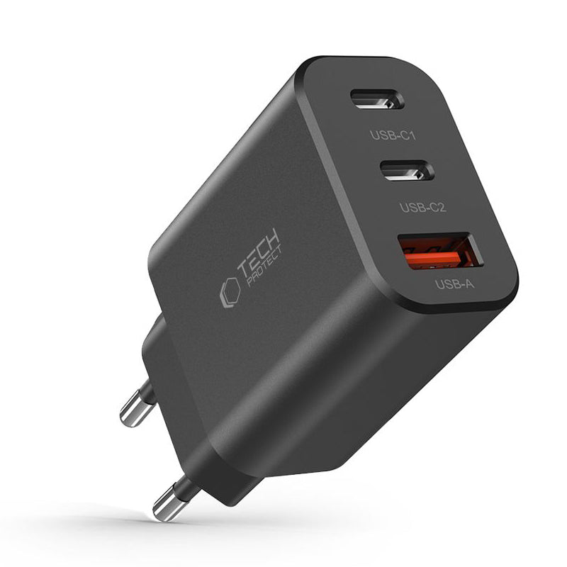 Netværksoplader Tech-Protect NC30W, 30W, 3A, 1 x USB-A - 2 x USB-C, sort