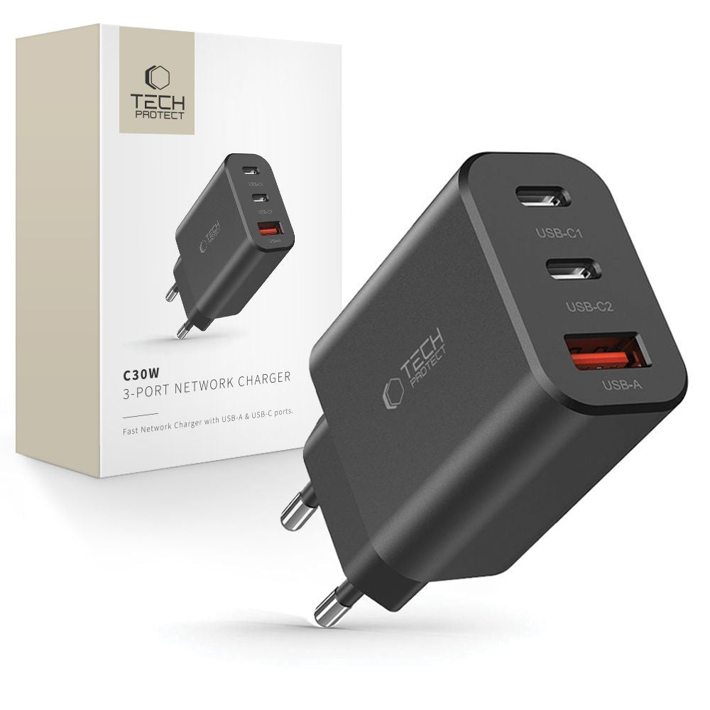 Netværksoplader Tech-Protect NC30W, 30W, 3A, 1 x USB-A - 2 x USB-C, sort