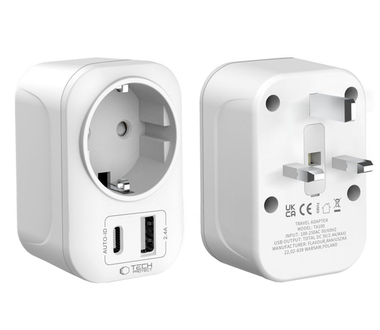 Netværksoplader Tech-Protect TA100 Travel UK, 20W, 3A, 1 x Schuko - 1 x USB-A - 1 x USB-C, Hvid