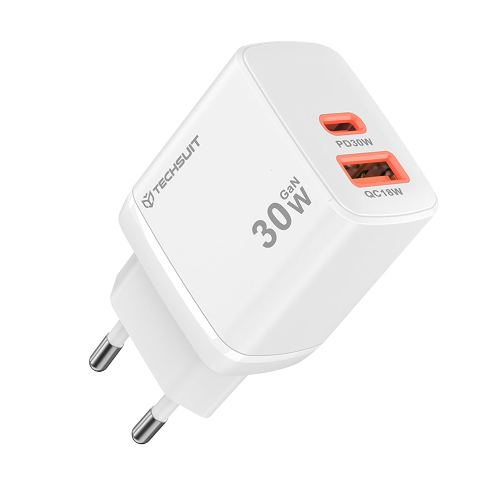 Netværksoplader Techsuit CH1 Duonix, 30W, 3A, 1 x USB-A - 1 x USB-C, Hvid