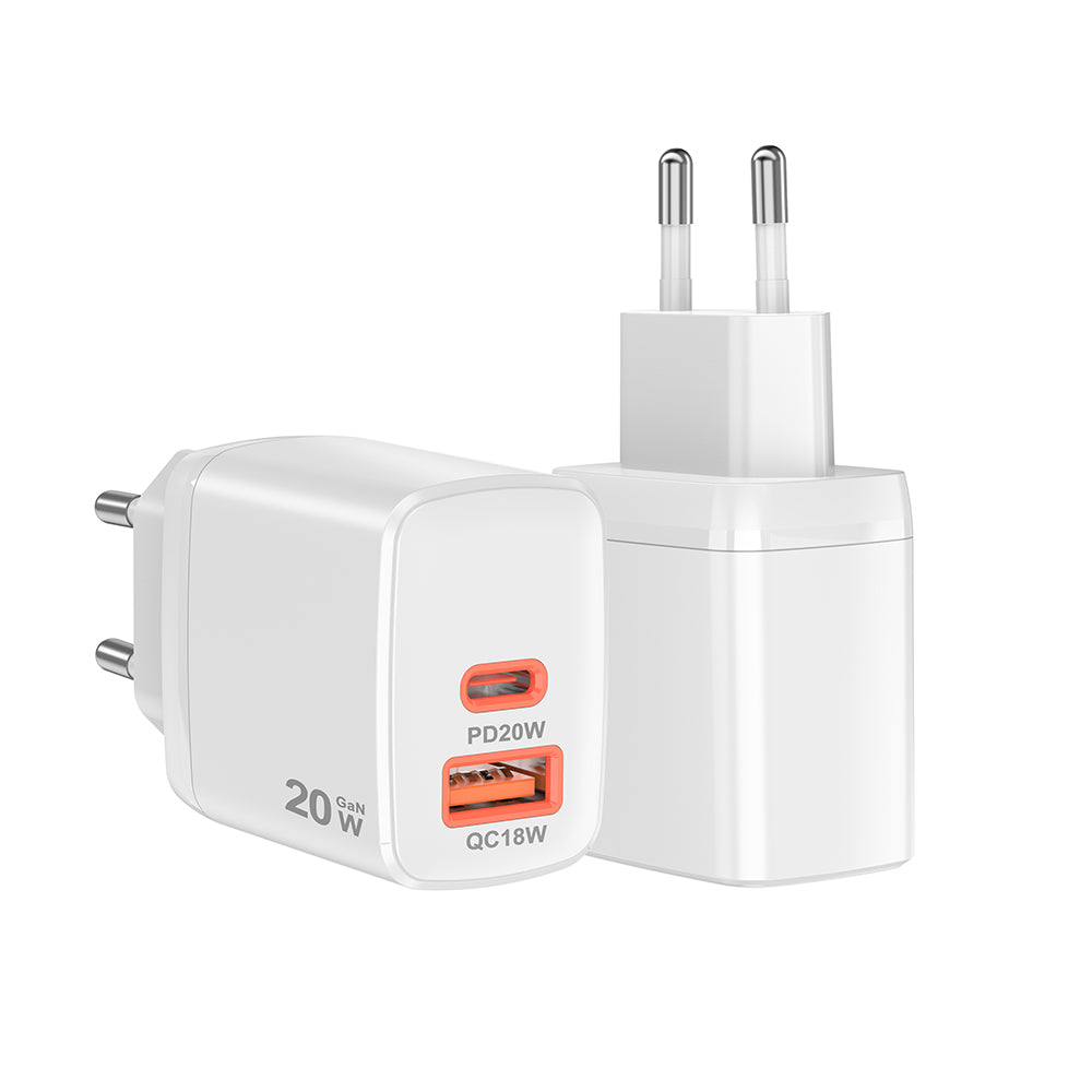 Techsuit CH2 Duonix netværksoplader, 20W, 3A, 1 x USB-A - 1 x USB-C, Hvid