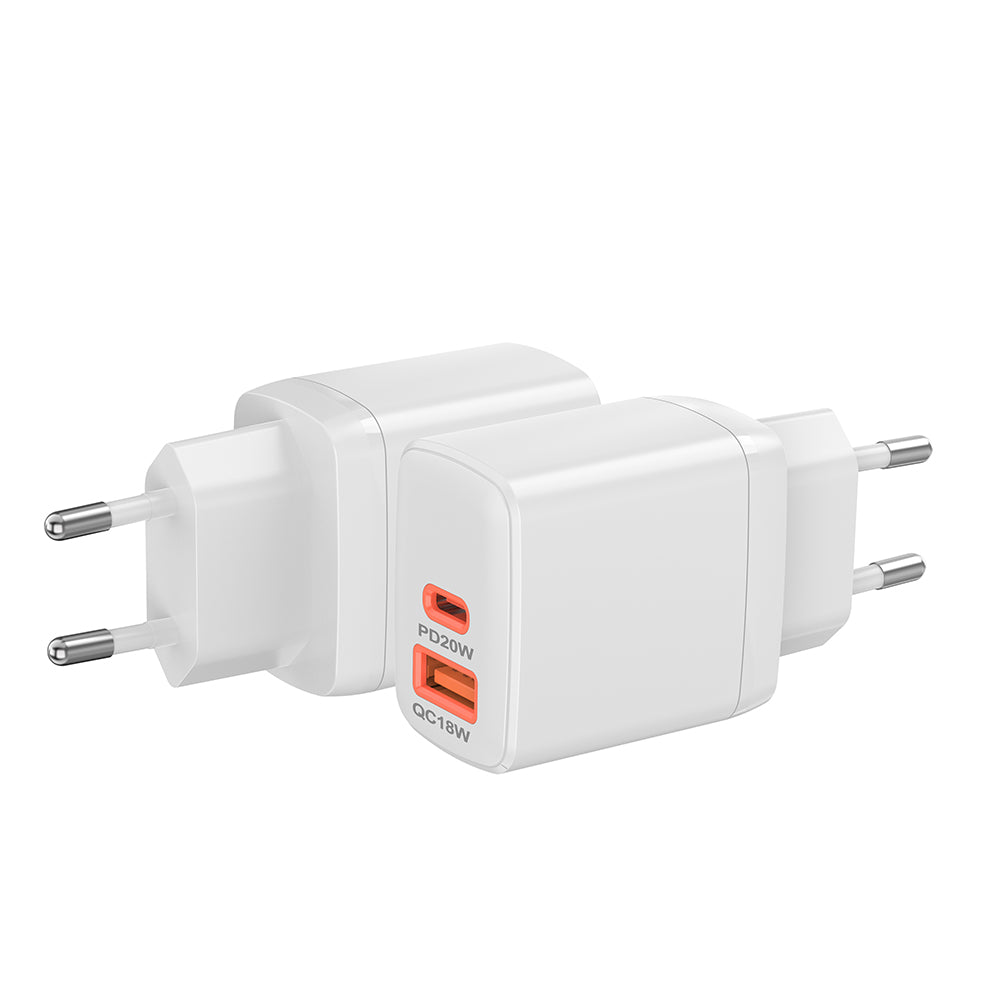 Techsuit CH2 Duonix netværksoplader, 20W, 3A, 1 x USB-A - 1 x USB-C, Hvid