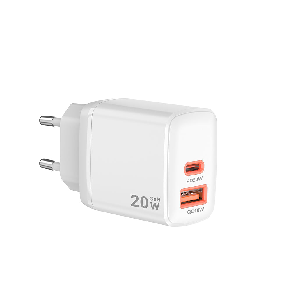 Techsuit CH2 Duonix netværksoplader, 20W, 3A, 1 x USB-A - 1 x USB-C, Hvid