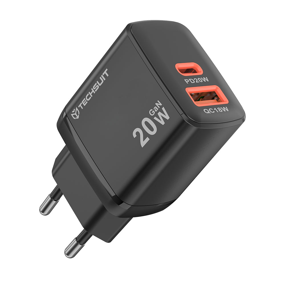 Techsuit CH2 Duonix netværksoplader, 20W, 3A, 1 x USB-A - 1 x USB-C, Sort
