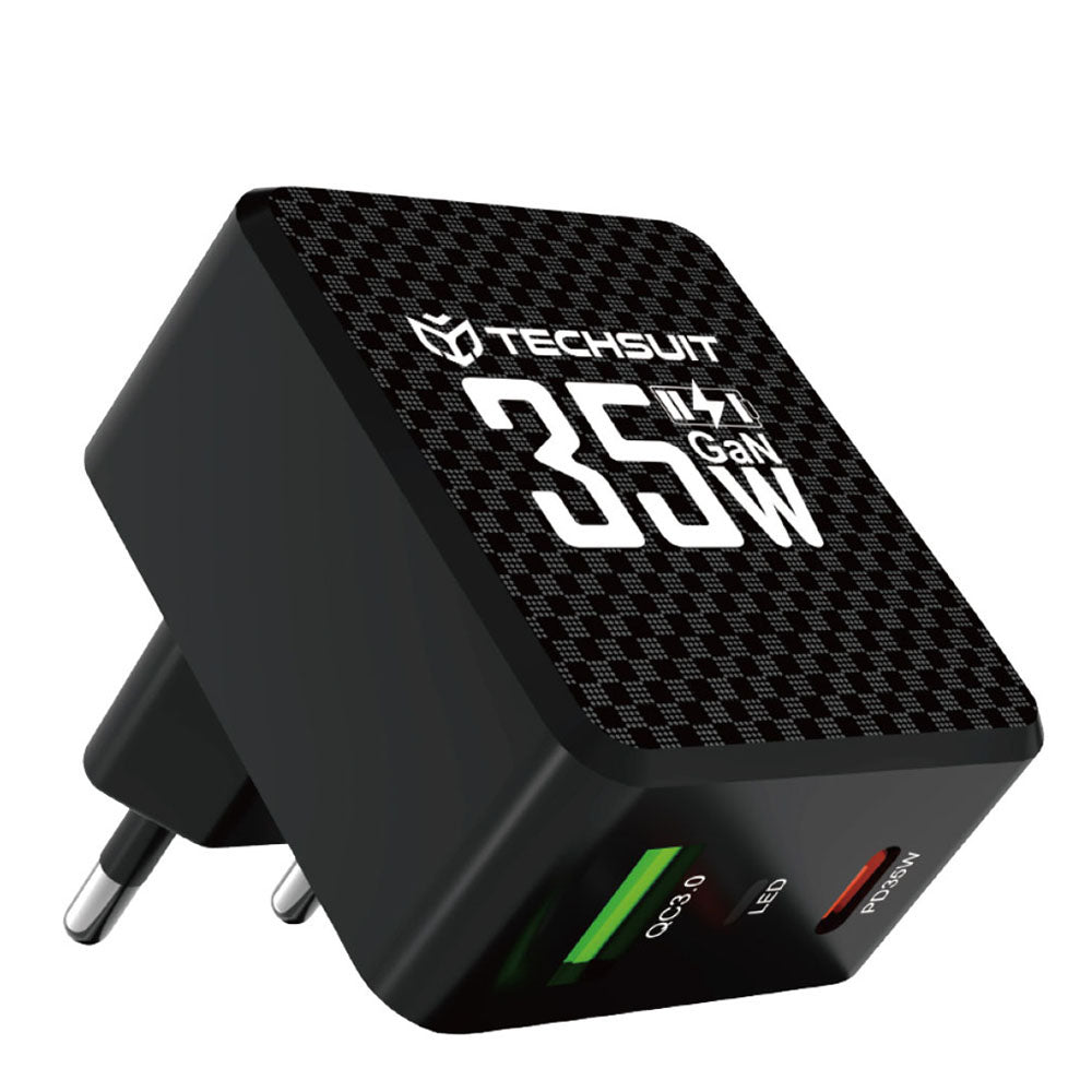 Netværksoplader Techsuit CHPD173 Tiny, 35W, 3A, 1 x USB-A - 1 x USB-C, Sort