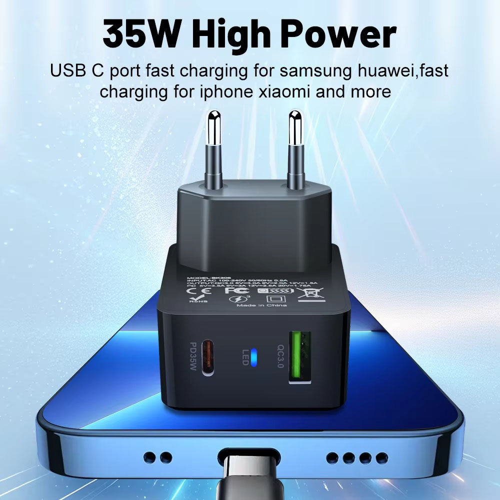 Netværksoplader Techsuit CHPD173 Tiny, 35W, 3A, 1 x USB-A - 1 x USB-C, Hvid
