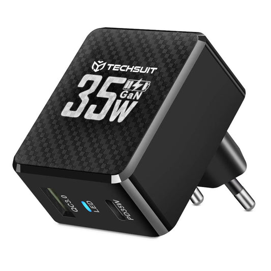 Netværksoplader Techsuit CHPD173 Tiny, 35W, 3A, 1 x USB-A - 1 x USB-C, Sort