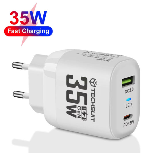 Netværksoplader Techsuit CHPD174, 35W, 3A, 1 x USB-A - 1 x USB-C, Hvid