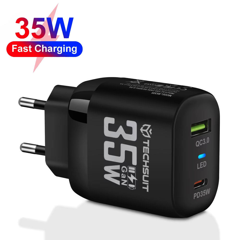Netværksoplader Techsuit CHPD174, 35W, 3A, 1 x USB-A - 1 x USB-C, Sort