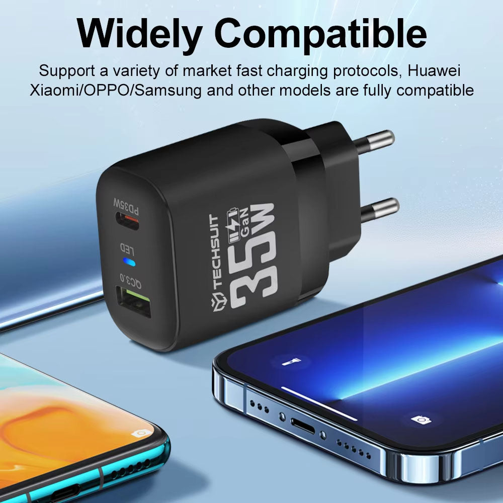 Netværksoplader Techsuit CHPD174, 35W, 3A, 1 x USB-A - 1 x USB-C, Sort