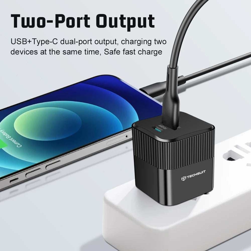 Netværksoplader Techsuit CHPD216 Tiny, 25W, 3A, 1 x USB-A - 1 x USB-C, Hvid