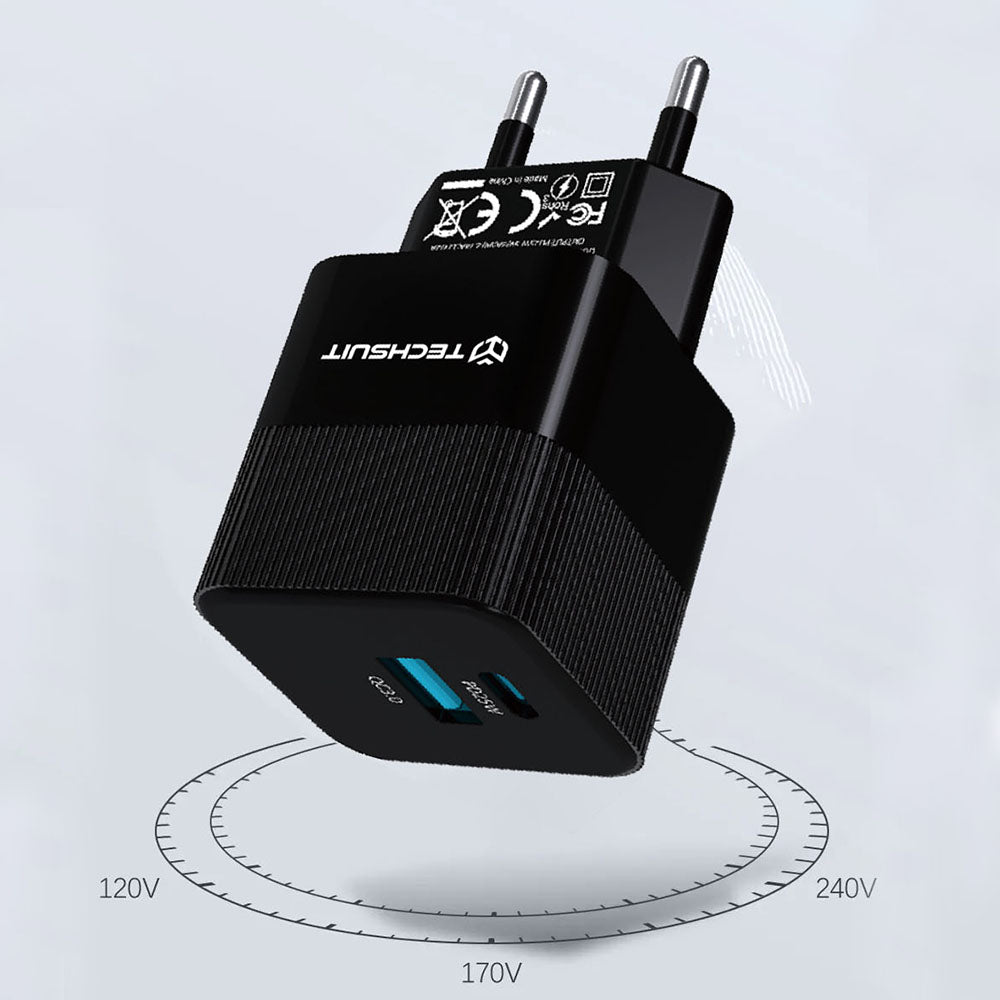 Netværksoplader Techsuit CHPD216 Tiny, 25W, 3A, 1 x USB-A - 1 x USB-C, Hvid