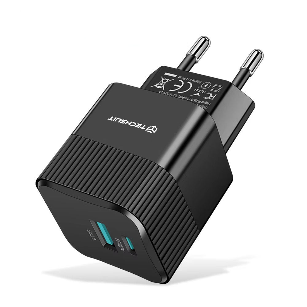 Netværksoplader Techsuit CHPD216 Tiny, 25W, 3A, 1 x USB-A - 1 x USB-C, Sort