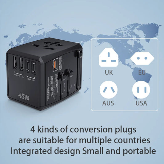 Netværksoplader Techsuit HHT905 Travel, 45W, 3A, 2 x USB-A - 2 x USB-C, Sort