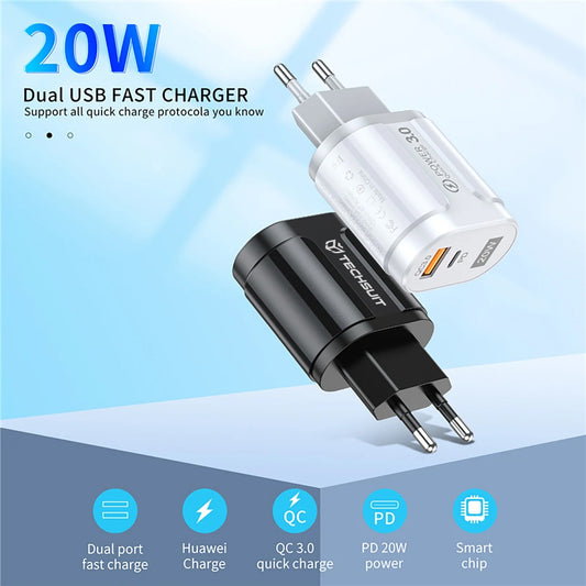 Techsuit Premium Netværksoplader, 20W, 3A, 1 x USB-A - 1 x USB-C, Hvid