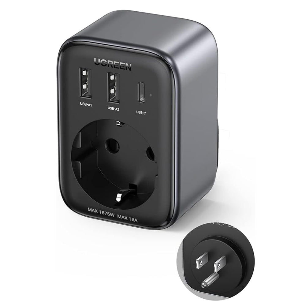 UGREEN 15289 US netværksoplader, 30W, 3A, 2 x USB-A - 1 x USB-C - 1 x Schuko, Sort