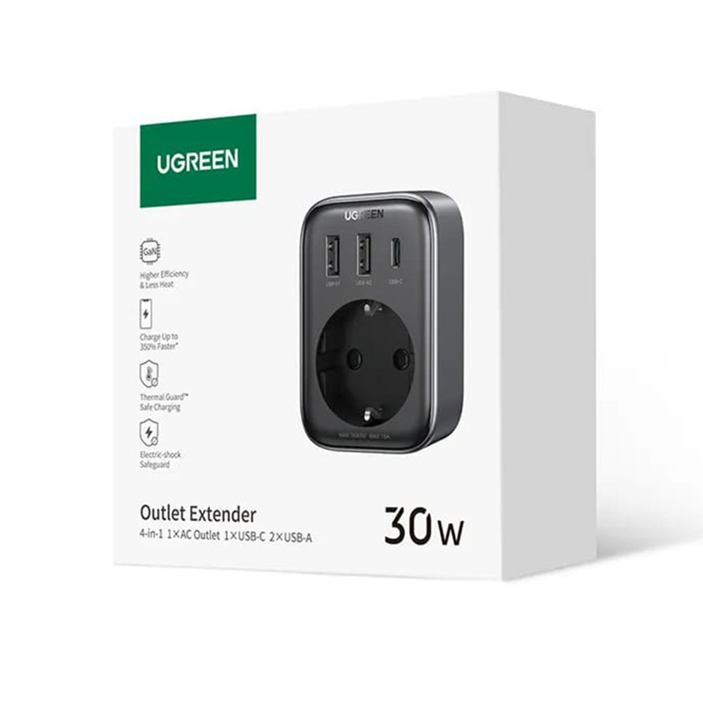 UGREEN 15289 US netværksoplader, 30W, 3A, 2 x USB-A - 1 x USB-C - 1 x Schuko, Sort
