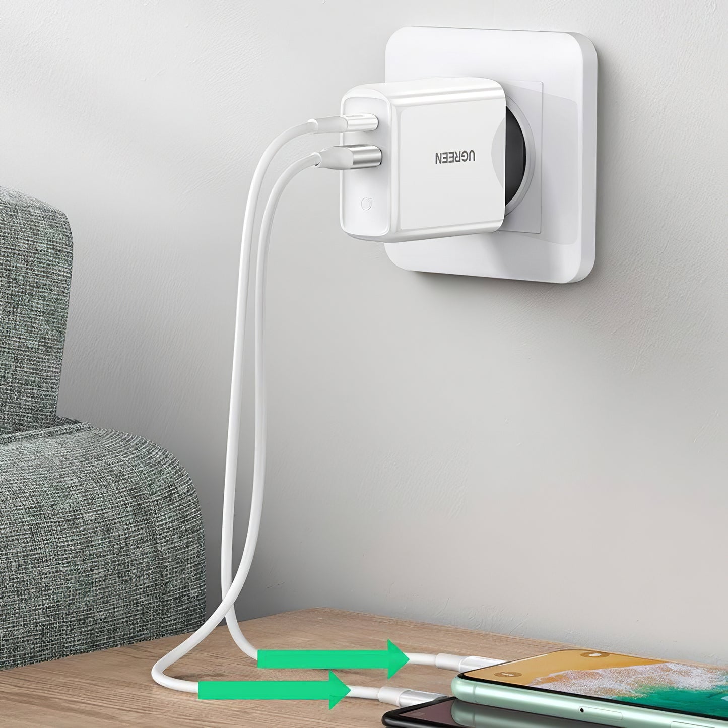Netværksoplader UGREEN CD170, 36W, 3A, 1 x USB-A - 1 x USB-C, hvid