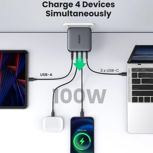 Netværksoplader UGREEN CD226, 100W, 3A, 1 x USB-A - 3 x USB-C, Sort