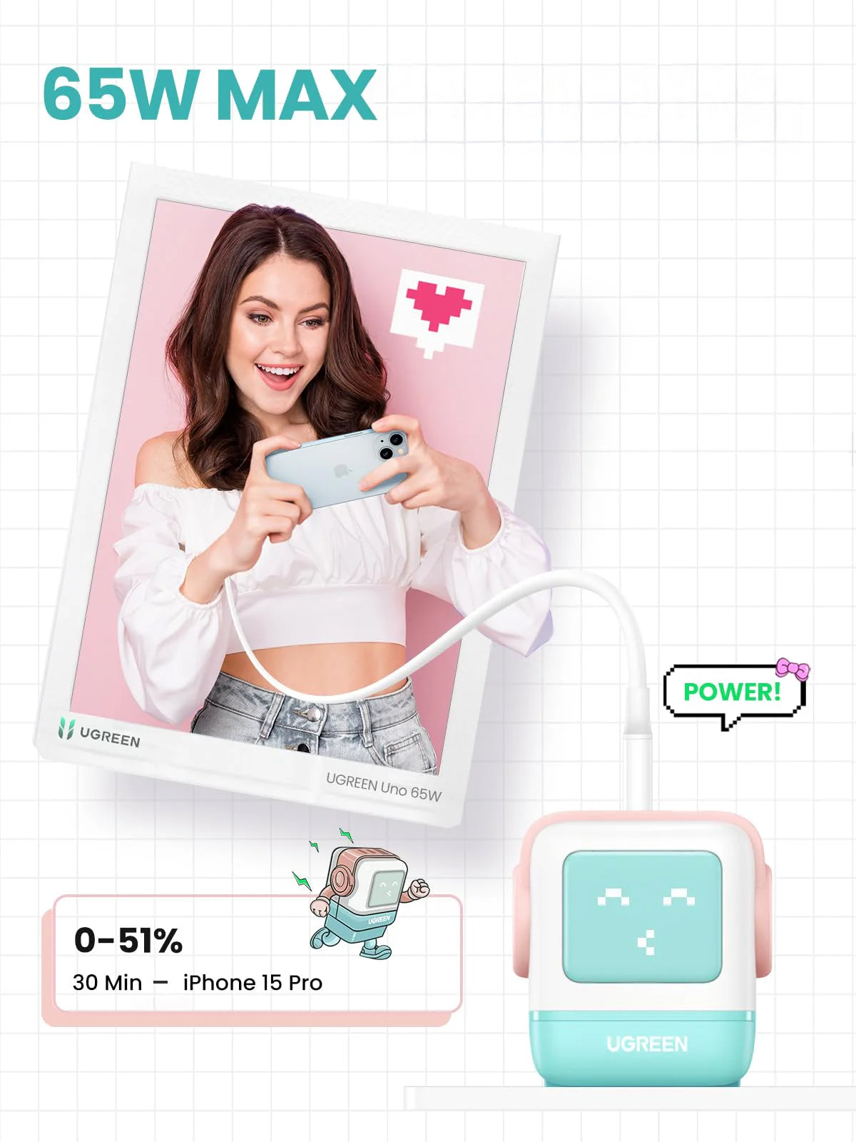 UGREEN CD361 Uno Network Charger, 65W, 3.25A, 1 x USB-A - 2 x USB-C, Turquoise