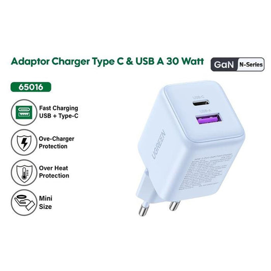 UGREEN X516 Netværksoplader, 30W, 3A, 1 x USB-A - 1 x USB-C, Sort