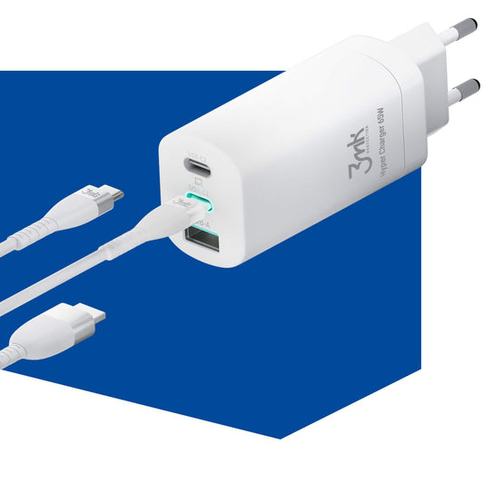 3MK HyperCharger Netoplader, 65W, 5A, 1 x USB-A - 2 x USB-C, Hvid