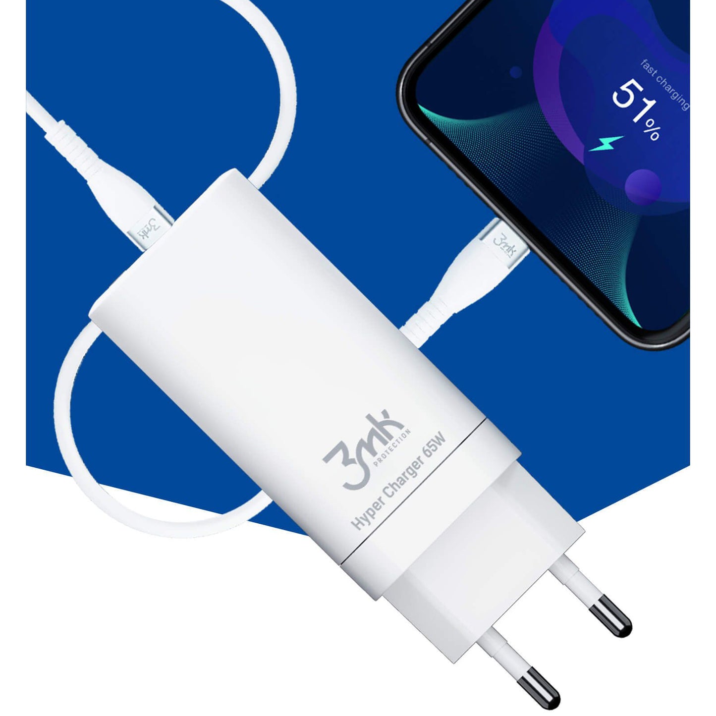 3MK HyperCharger Netoplader, 65W, 5A, 1 x USB-A - 2 x USB-C, Hvid