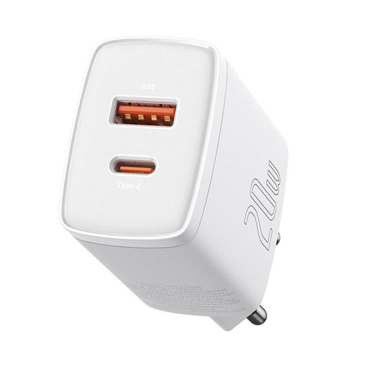 Baseus kompakt netværksoplader, 20W, 3A, 1 x USB-A - 1 x USB-C, hvid CCXJ-B02