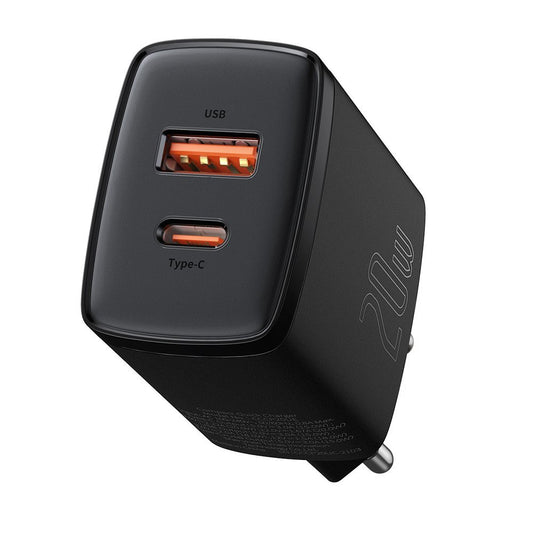 Baseus kompakt netværksoplader, 20W, 3A, 1 x USB-A - 1 x USB-C, sort CCXJ-B01