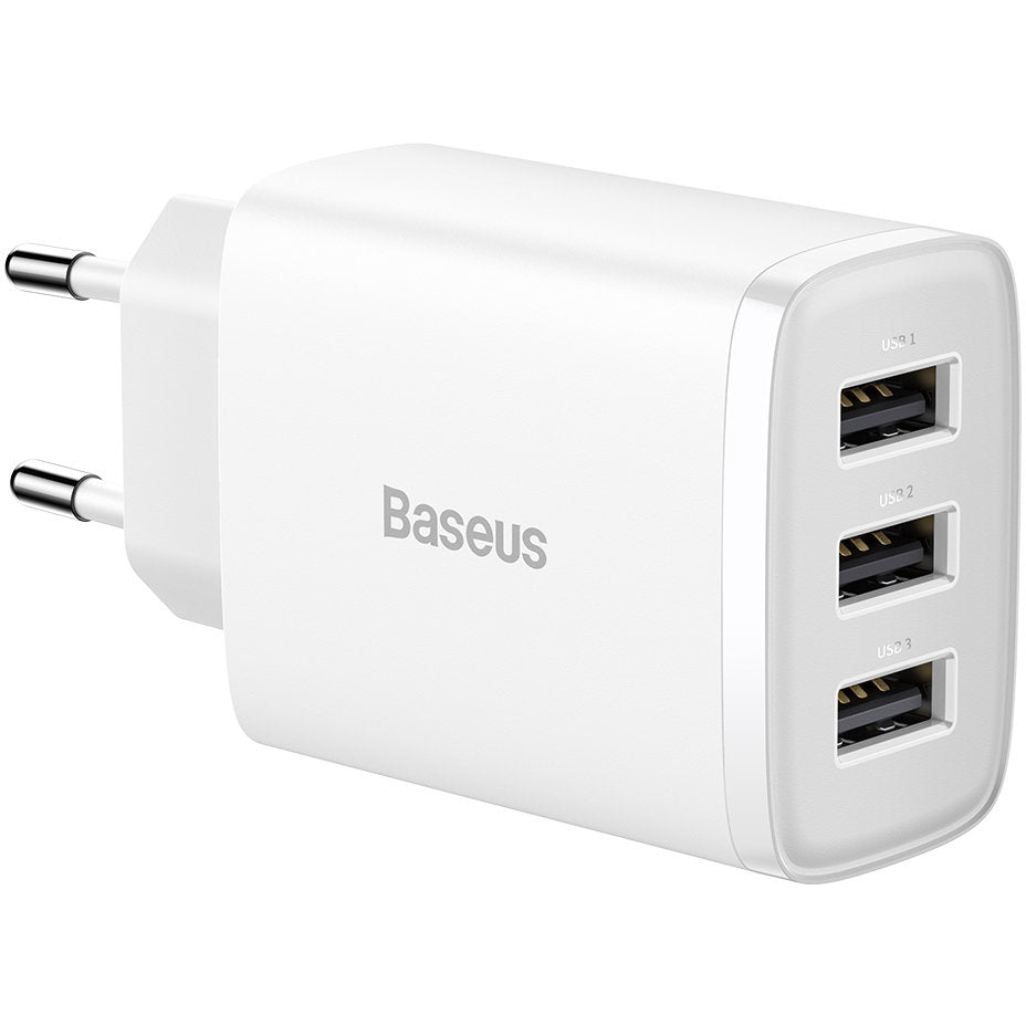 Baseus kompakt netværkslader 3U, 17W, 2,1A, 3 x USB-A, hvid CCXJ020102