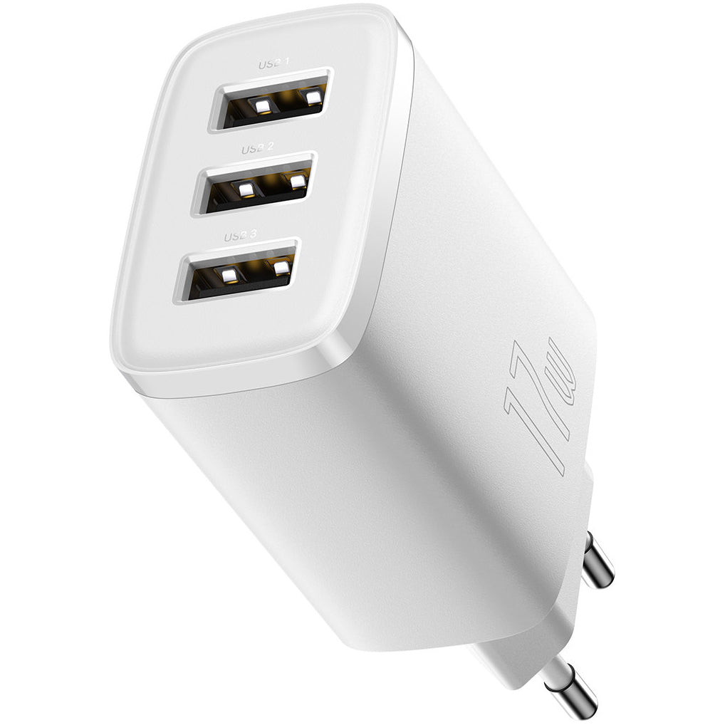 Baseus kompakt netværkslader 3U, 17W, 2,1A, 3 x USB-A, hvid CCXJ020102