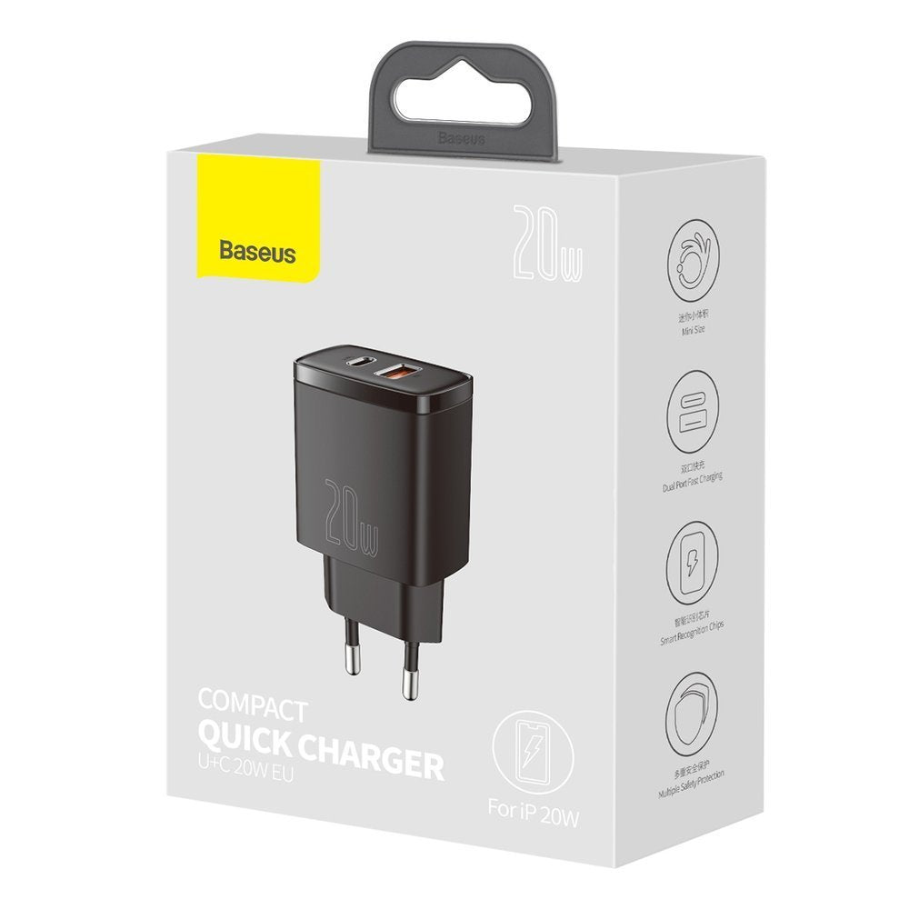 Baseus kompakt netværksoplader, 20W, 3A, 1 x USB-A - 1 x USB-C, sort CCXJ-B01
