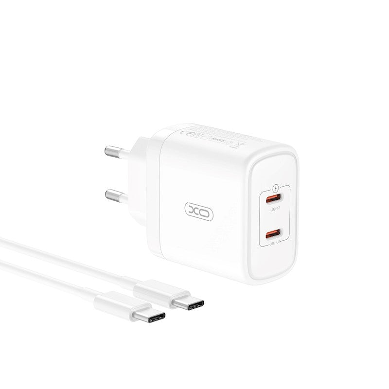 Netværksoplader med USB-C-kabel XO Design CE08, 50W, 3A, 2 x USB-C, hvid