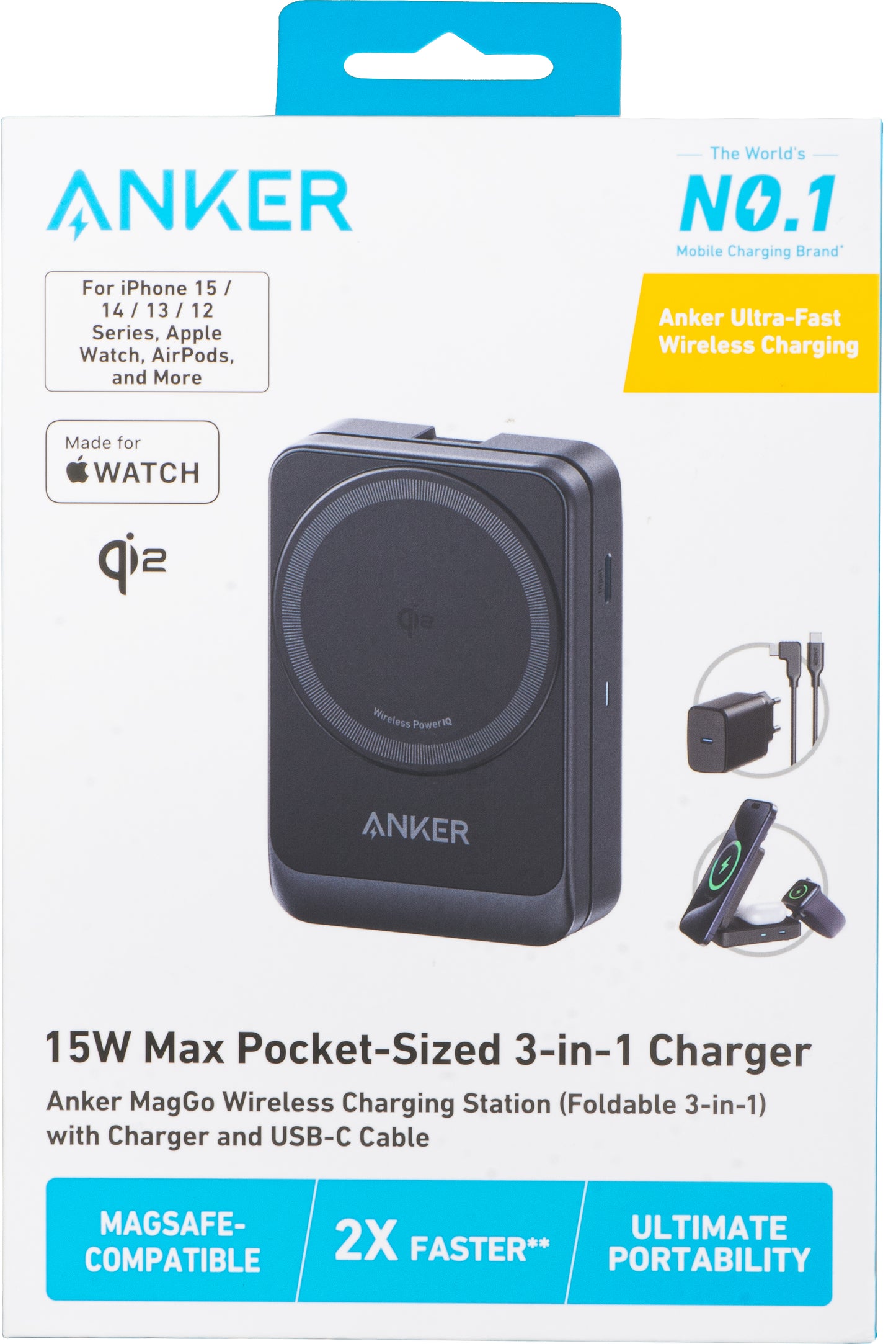 Anker MagGo 3in1 trådløs netværksoplader, 15W, 1.67A, Sort B2557311