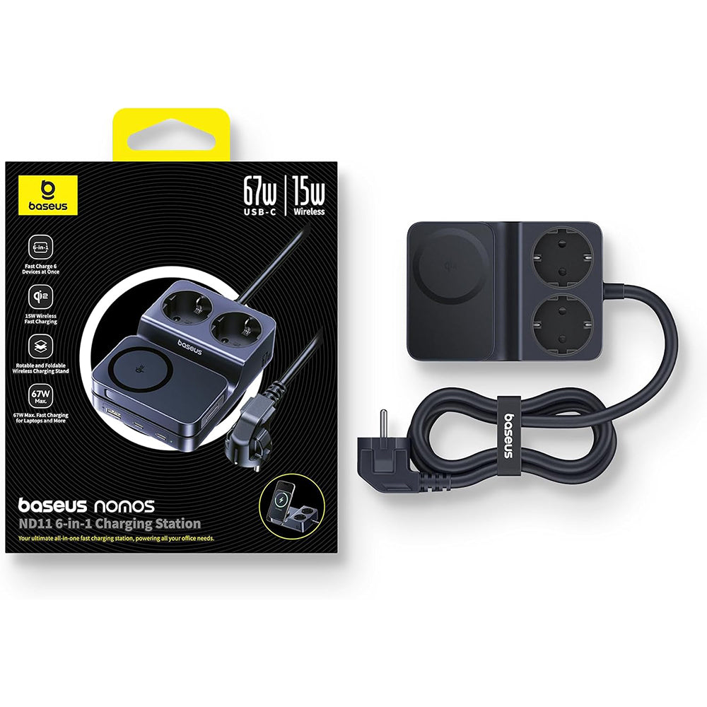 Baseus Nomos ND11 QI 6in1 opladerstation, 67W, 3.35A, 1 x USB-A - 2 x USB-C - 2 x Schuko, Sort P80015804213-00