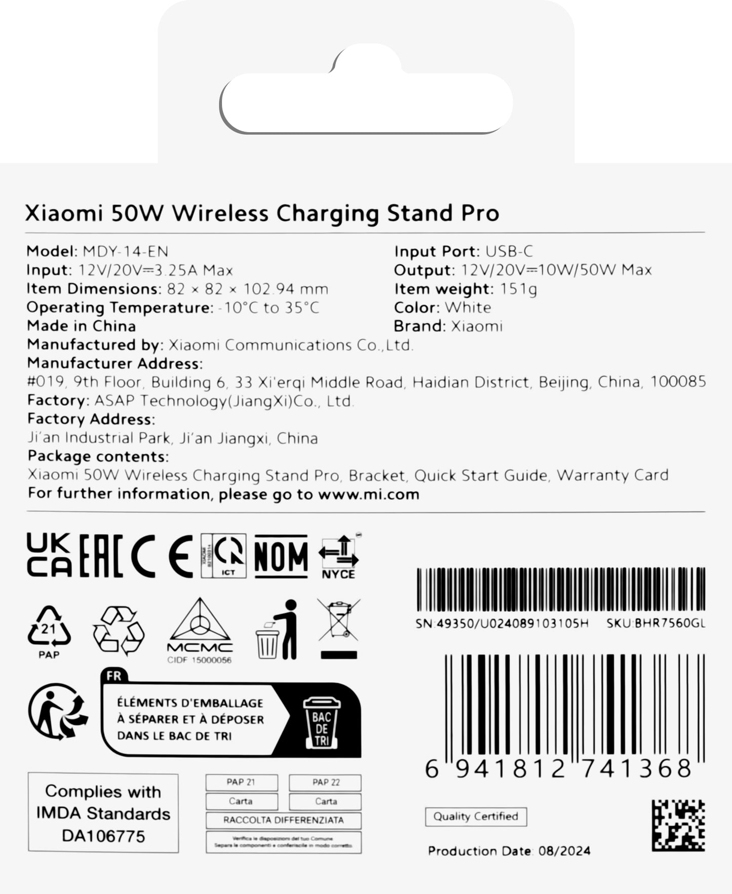 Xiaomi Stand Pro trådløs netværksoplader, 50W, hvid BHR7560GL