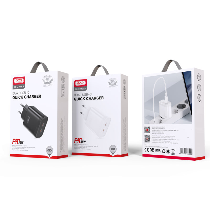 Netværksoplader XO Design L105, 35W, 3A, 2 x USB-C, sort