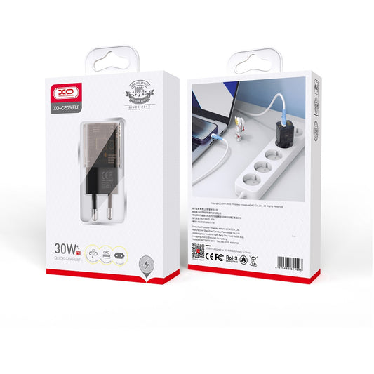 Netværksoplader XO Design CE05, 30W, 3A, 1 x USB-A - 1 x USB-C, Brun