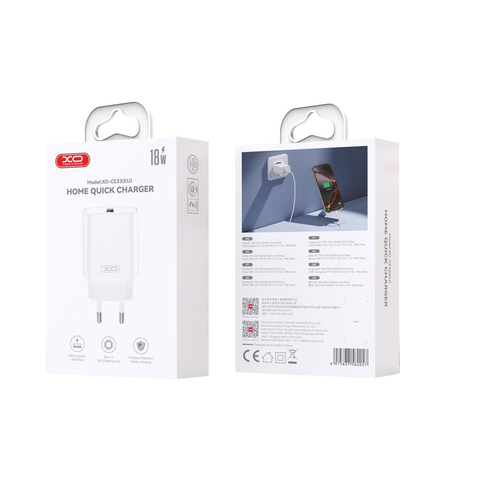 Netværksoplader XO Design CE33, 18W, 3A, 1 x USB-A, Hvid
