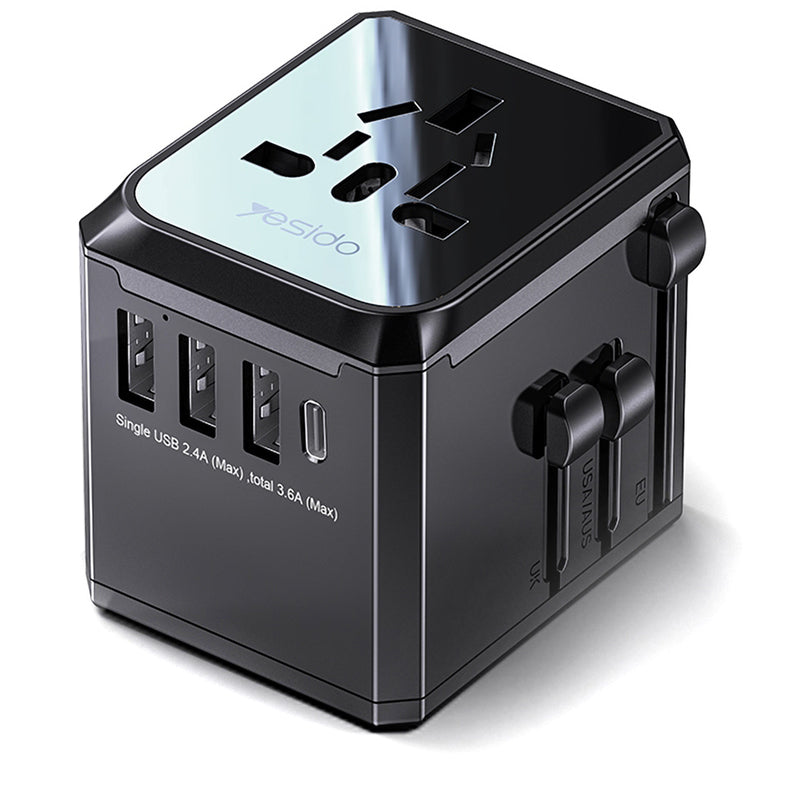 Yesido MC10 Travel netværksoplader, 12W, 2.4A, 1 x USB-C - 3 x USB-A, Sort
